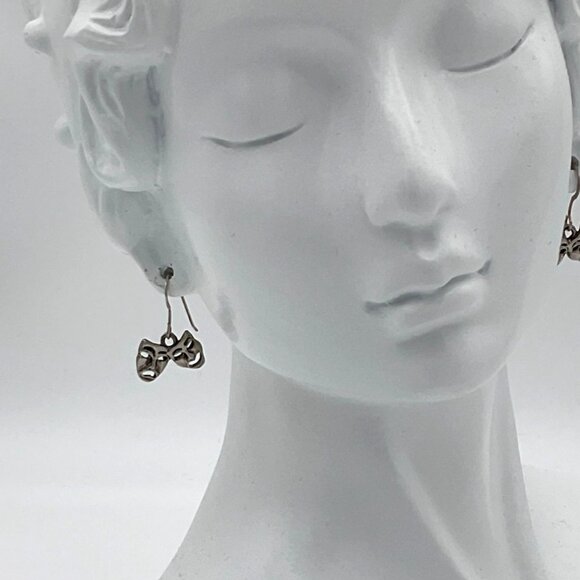 Vintage Silver Tone Theatre or Mardi Gras Comedy-Tragedy Mask Dangling Earrings - Picture 4 of 4
